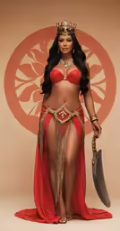 a woman in red with a knife and bikini
