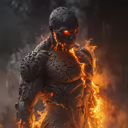 a man standing in front of a fire wearing a body suit