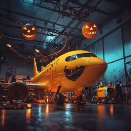 an airplane sits in the hangar with pumpkin lanterns hanging from the ceiling
