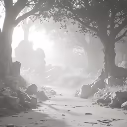 a foggy trail in an open field covered in trees