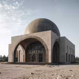 a concrete building with a domed entrance and a dome
