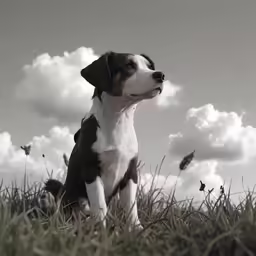 a dog stands in a field with many butterflies flying in the sky