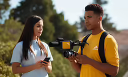 a man standing behind a camera taking a picture with another man