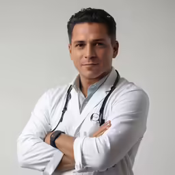 a male doctor standing with his arms crossed and a white shirt over it