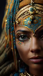 a woman wearing blue, gold and green colored head piece,a women who is wearing a headdress and wearing some jewelry