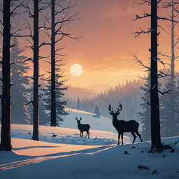 two deer are standing in the snow by some trees,deer in snow at sunrise with trees