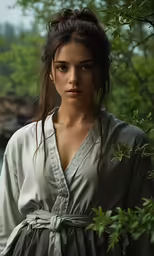 the woman is wearing a dress by some trees