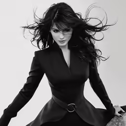 a young woman with long hair wearing a suit