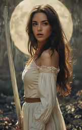 a woman in white dress holding a sword