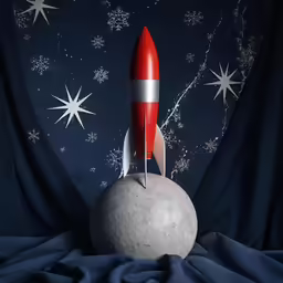 an artistic image of a rocket on top of an rock