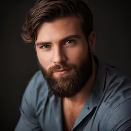 a young man wearing a blue shirt posing for a portrait