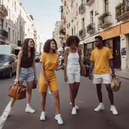 three women walk down the street while carrying purses