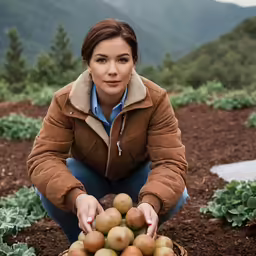 a woman holding a bowl full of potatoes