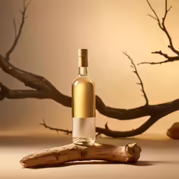 a bottle of wine sitting next to a tree branch