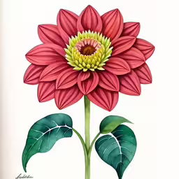 an artistic illustration of a red flower with green leaves,a flower is shown on a white background,this is a watercolor painting of a flower,an art print of a bright red flower with green leaves,an artfully colored drawing of a red and yellow flower