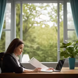 the lady is using the computer and reading her paperwork