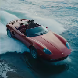 a red ferrari is driving across the ocean