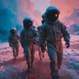 some people in space suits are running on a path