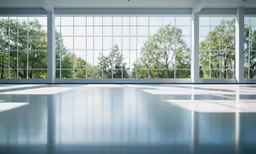 an empty white room with large windows