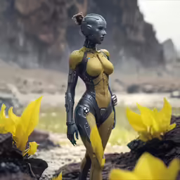a woman in yellow and gray suit walking on the rocks