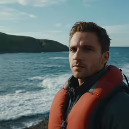 a man in a life jacket standing near the ocean