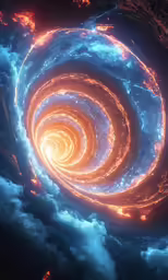 two orange spirals are in the air surrounded by clouds