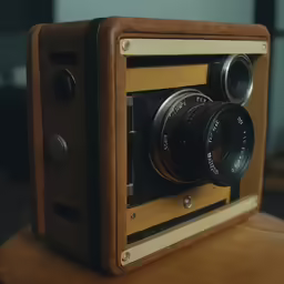 an old camera sitting on top of a wooden table