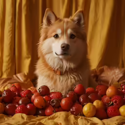 a dog is sitting in front of a pile of fruit