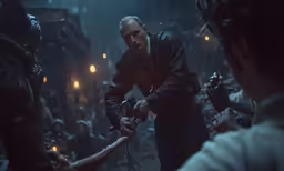 a man holding an object is surrounded by other people
