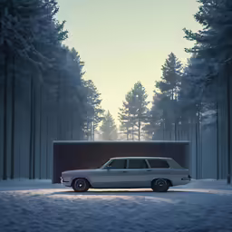 an suv is parked in front of a sign in the snow