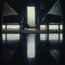 a person sitting on a chair in front of a window