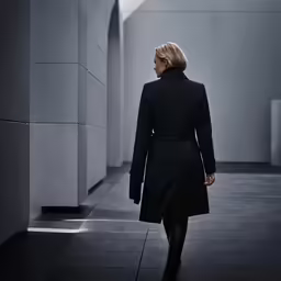 a woman walks down a dark runway