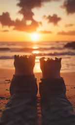 the person is looking out to sea at sunset