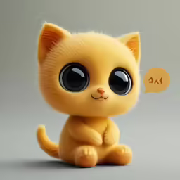 a yellow stuffed cat with huge black eyes