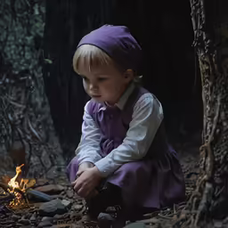 a little girl sitting near a fire in the woods