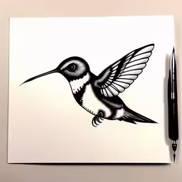 a drawing of a bird flying towards the right,a pen and paper with a drawing of a hummingbird