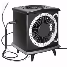 a small table fan with its light on