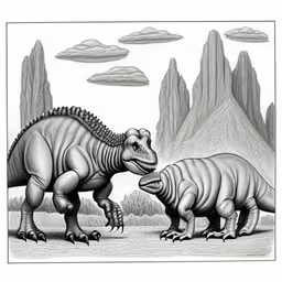 an art project featuring dinosaurs in the sky,the dinosaurs are looking at each other in this black and white drawing,an adult and a young dinosaur in the wilderness,a couple of dinosaurs standing next to each other,two dinosaurs in the desert one is biting another
