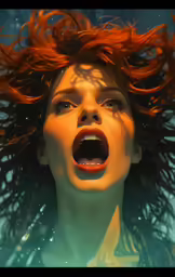 a woman with red hair covering her face