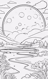 the land coloring page, with lots of clouds and trees,a cartoon landscape, with the sun shining over trees and water