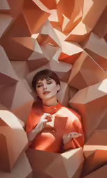 woman in an orange dress in a series of shapes