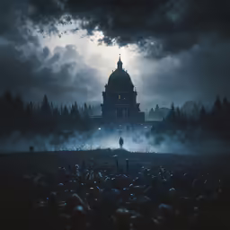 a person stands in front of the creepy building