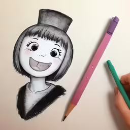 the pencil is next to the drawing of an adorable woman