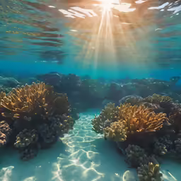 the sun shines brightly over an ocean reef