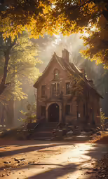 an old building with steps leading up to it and trees in the background