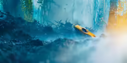 a yellow object floating through some water