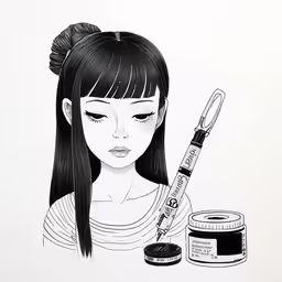 an anime woman is writing on paper with her pen