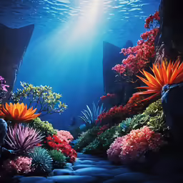 an underwater landscape with a fish, plants and water