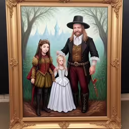 two children dressed up as people with an image on the wall,an oil painting of a family standing together