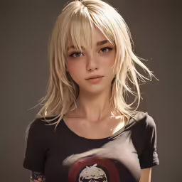 a blonde girl with blue eyes posing for the camera